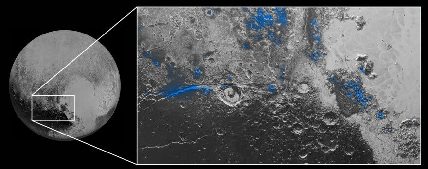 Parts of Pluto's surface that have exposed water ice are highlighted in blue, in a composite image from NASA. The space agency says the water ice appears on parts of the surface that are red.