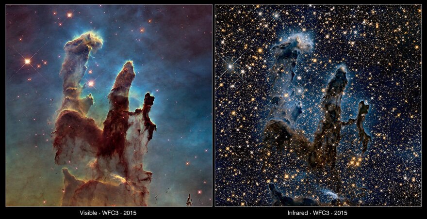 Two views of the Eagle Nebula's "Pillars of Creation," both captured by Hubble. The left shows the pillars in visible light; the right image was taken in infrared light. [NASA, ESA/Hubble and the Hubble Heritage Team]