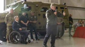 Tom Homan, President-elect Donald Trump's "border czar" appointee, speaks to Texas Department of Public Safety troopers and National Guard troops at a Thanksgiving dinner event in Edinburg on Nov. 26, 2024.