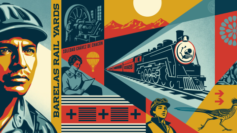 Artist Shepard Fairey created this mural for the Rail Yards in Albuquerque's Barelas neighborhood after talking to many people about the site's important role in Albuquerque's history.