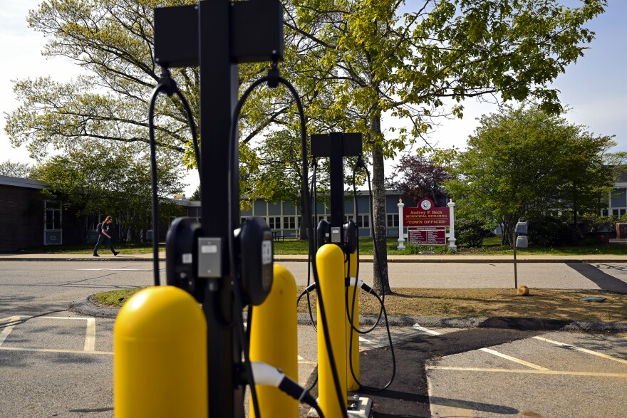 Pay charging stations at the Mansfield Town Hall for electric vehicles in Mansfield, Connecticut May 09, 2023.