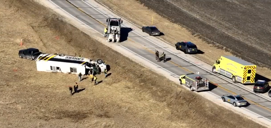 Accident scene after the crash of a baseball team bus in Calhoun County. One player was killed.