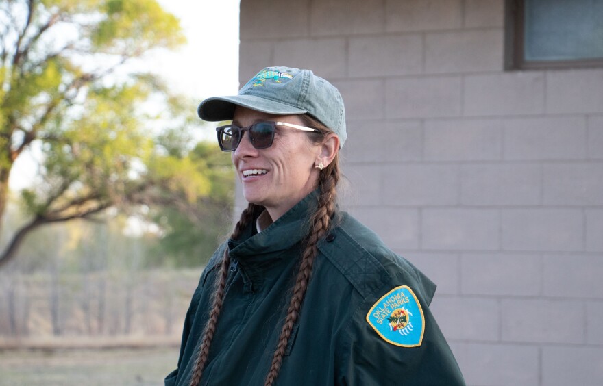Polly Kiker has been the park director at Black Mesa State Park and Nature Preserve since 2019. She spoke with hobbyist astronomers and star-curious park guests at a campfire behind the park's community center on April 18, 2026.