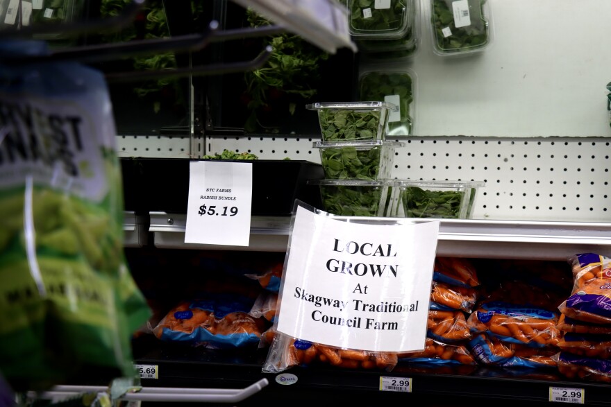 Greens and radishes fill the small section of Skagway’s store that carries locally grown produce, pictured above in early October.