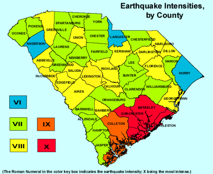 Earthquake intensity by county map