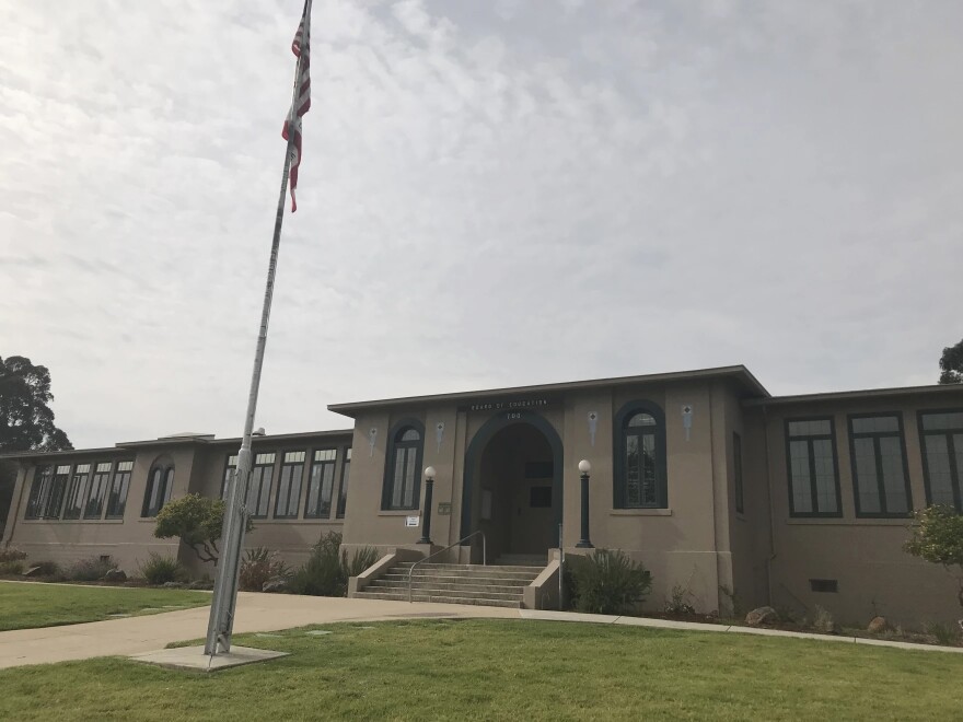 A U.S. flag hangs from the flagpole in front of the Monterey County office of education building.