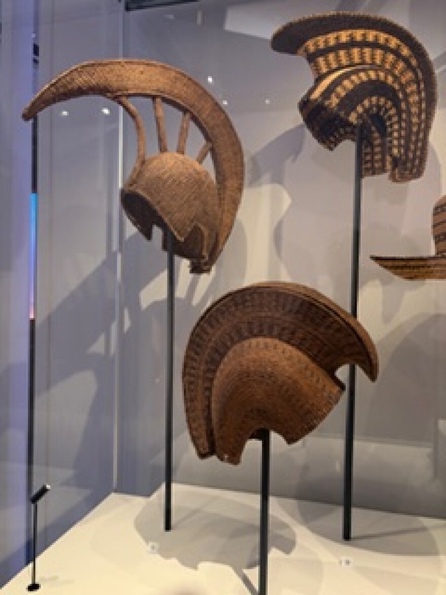 Mahiole (helmet) displayed at the “Hawaiʻi: a kingdom crossing oceans."