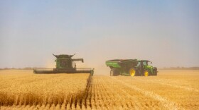 A combine cuts wheat in northwest Oklahoma.