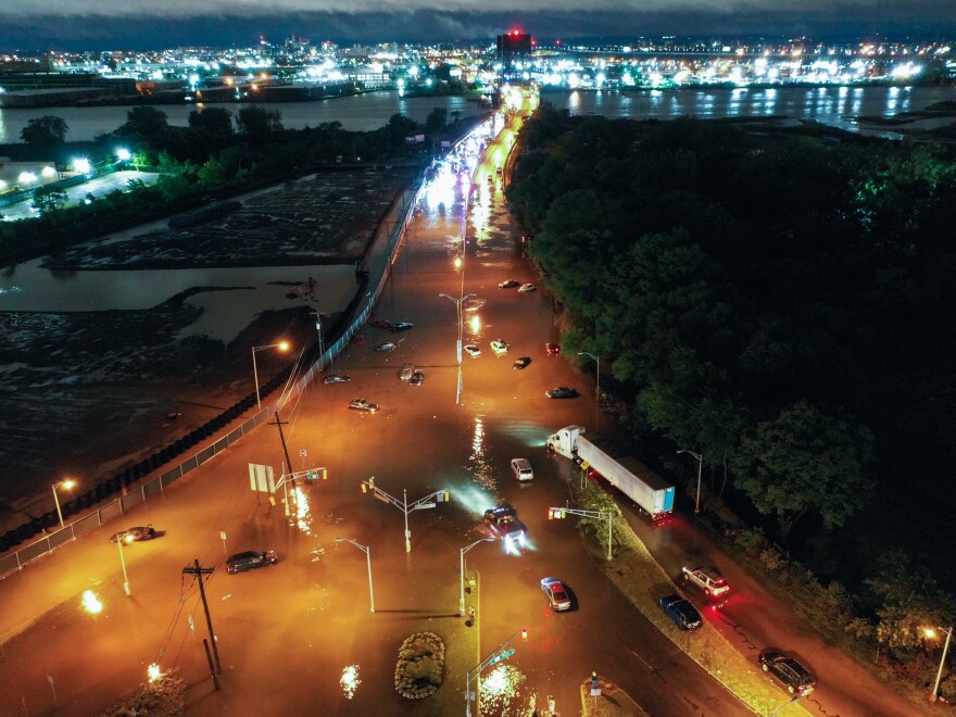 Highway 440 flooded in Jersey City of New Jersey on September 2, 2021 as hundreds of cars stuck in water as Hurricane Ida left behind flash floods east coast.