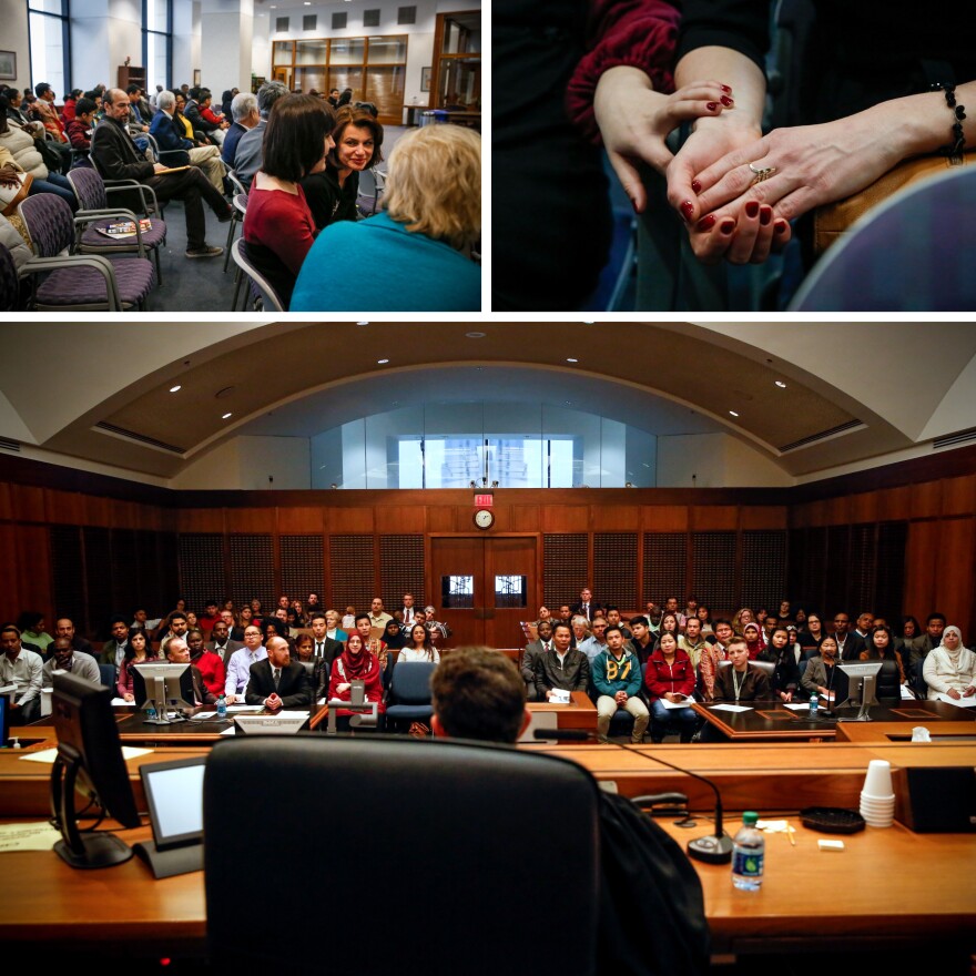 (Top left) Limara Rahimov, 42, talks with stepdaughter Sabikha, 26, and friend Ana Royal before the ceremony. (Top right) A moment between Limara and Sabikha. (Bottom) Judge Arthur Federman presides over the naturalization ceremony in Kansas City, Mo.