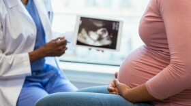 pregnant person seated, look at an ultrasound with a doctor