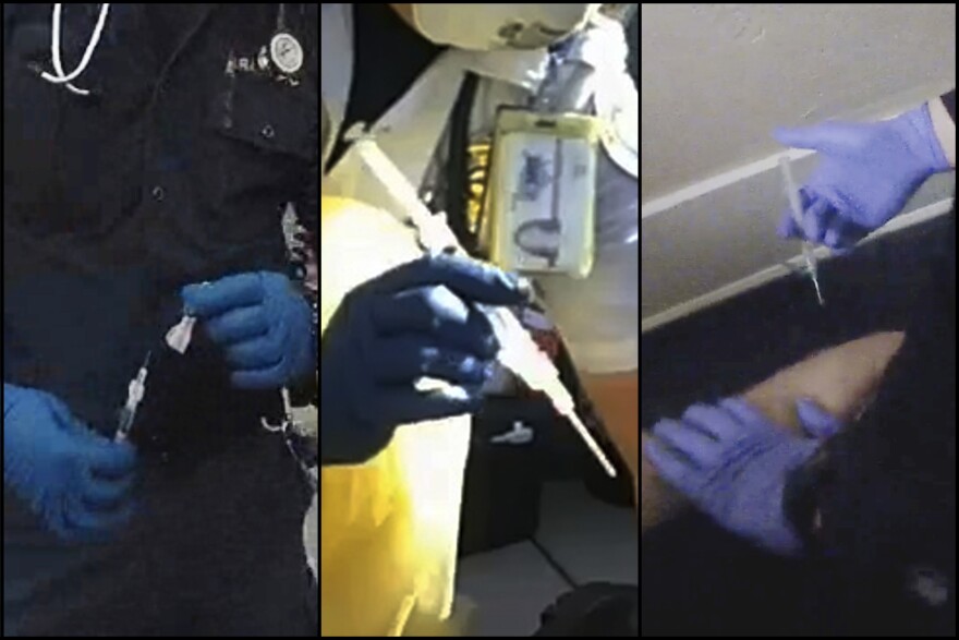 In this combination of images from body-camera videos, medics prepare to inject sedatives to Ivan Gutzalenko in Richmond, Calif., in 2021; Hunter Barr in Colorado Springs, Colo., in 2020, and Wesley Garrett-Henry in San Diego, Calif., in 2020. An investigation led by The Associated Press published in 2024, has found the practice of giving sedatives to people detained by police spread quietly over the last 15 years, built on questionable science and backed by police-aligned experts.