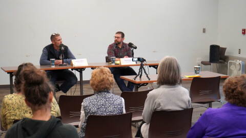 Charlie Redfern and Todd Brigham participate in a candidate forum hosted by KDLL 91.9 FM at the Soldotna Public Library in Soldotna, Alaska, on Wednesday, Oct. 7, 2026.