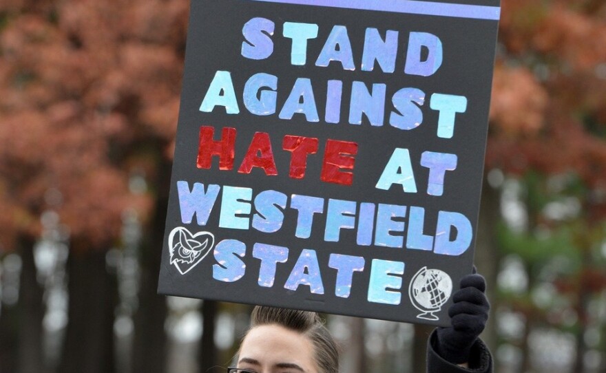 Westfield State University students walked out of class in fall 2017 after a spate of hate crimes were reported on campus, including racist graffiti written on dormitory room doors.