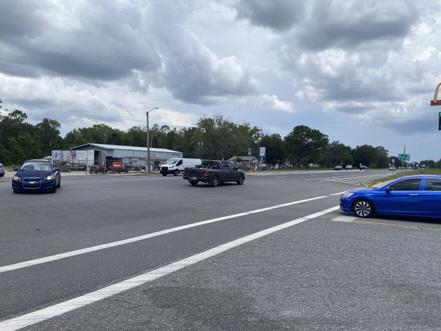 Vehicles navigate the intersection of U.S. 301 and Southeast 57th Avenue near the Love’s Travel Stop in Hawthorne.