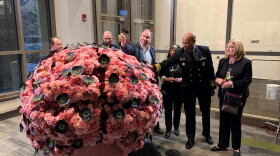 U.S. Surgeon General Dr. Jerome Adams (second from right) pulls a flower from a brain-shaped sculpture meant to symbolize some of those who've died from drug addiction.