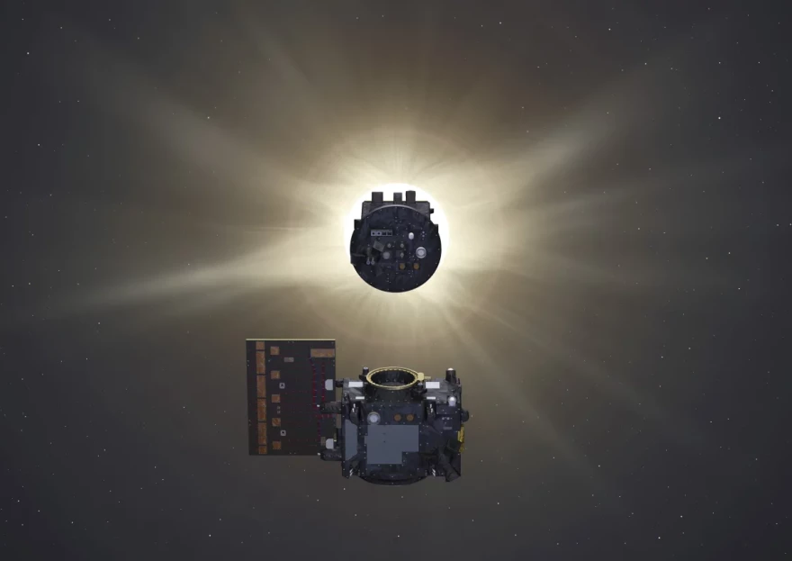 In this illustration, the two spacecraft of Proba-3 fly in precise formation about 150 meters apart to form an external coronagraph in space, one spacecraft eclipsing the sun to allow the second to study the invisible solar corona.
