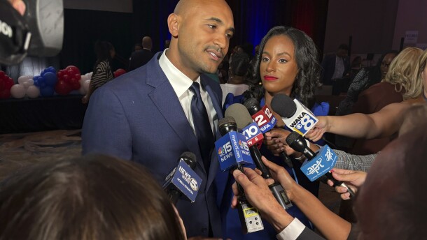 Alabama House Shomari Figures speaks with reporters in Mobile, Ala., on Tuesday, Nov. 5, 2024, before being announced as the winner of Alabama's 2nd Congressional District. (AP Photo/Kim Chandler)