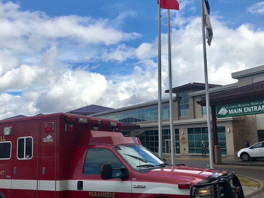 An ambulance in front of Kalispell Regional Medical Center.