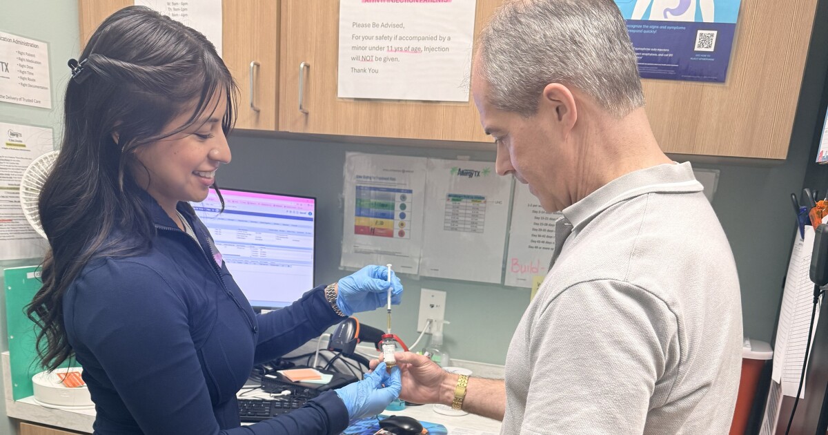 Photo: tpr.org Dr. John Freiler, and medical assistant Jeannine Chavarria, prepare an allergy shot at Premier Allergy of Texas at Alamo