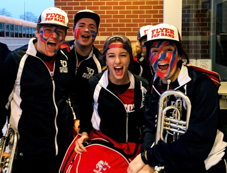 The Flyer Pep Band outside of Friday's basketball game. The Flyers' victory brings their win streak to 18 straight games and puts them in position to earn a top seed in the NCAA Men's Division I Basketball Tournament.