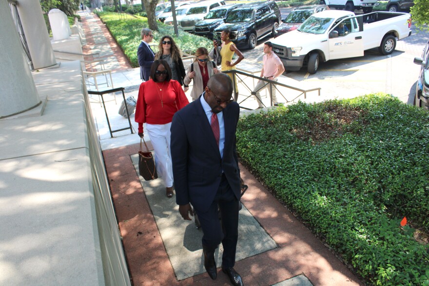  Former Tallahassee Mayor Andrew Gillum exits the federal courthouse in downtown Tallahassee on Tuesday, May 2, 2023.