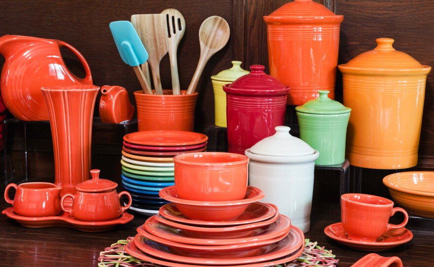 Fiesta settings are displayed at the Homer Laughlin China Co. showroom at the company's headquarters in Newell, W.Va. The line currently has 15 colors.