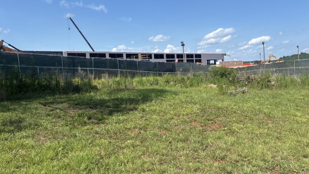 View of a data center from a neighborhood backyard.