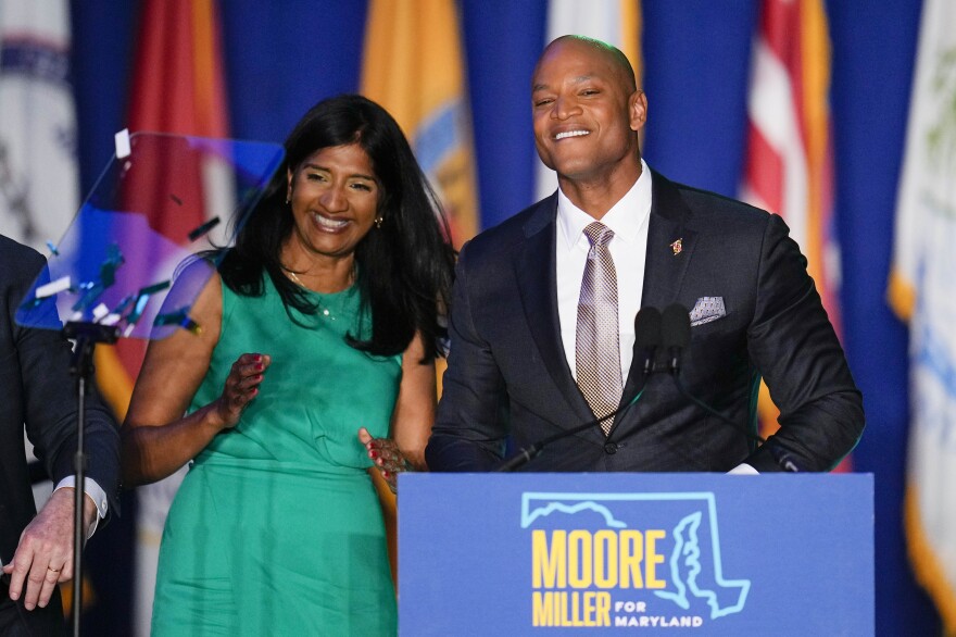 Democrats Aruna Miller (left) and Wes Moore react during an election night gathering after Miller was declared the winner in the race for the Maryland lieutenant governor and Moore was declared the winner in the gubernatorial race in Baltimore.