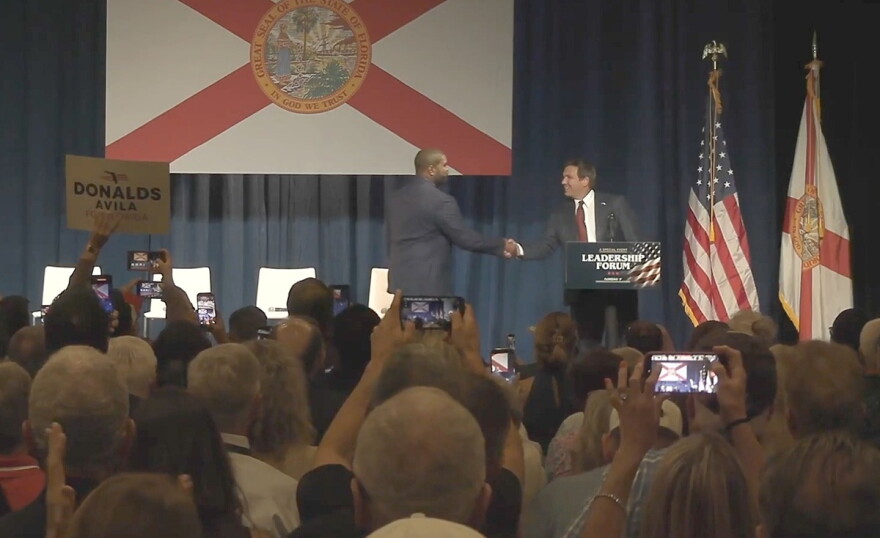 Gov. Ron DeSantis introduces U.S. Rep. Byron Donalds, the Florida GOP gubernatorial nominee, to the stage at a Florida GOP Leadership Forum on Wednesday, Sept. 2, 2026 in Tampa.