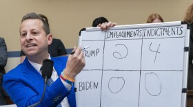 Rep. Jared Moskowitz, D-Fla., holds up a whiteboard he wrote on during a House Oversight Committee impeachment inquiry into President Joe Biden, comparing the impeachments and indictments of former President Donald Trump and President Joe Biden, Thursday, Sept. 28, 2023, on Capitol Hill in Washington. (AP Photo/Jacquelyn Martin)