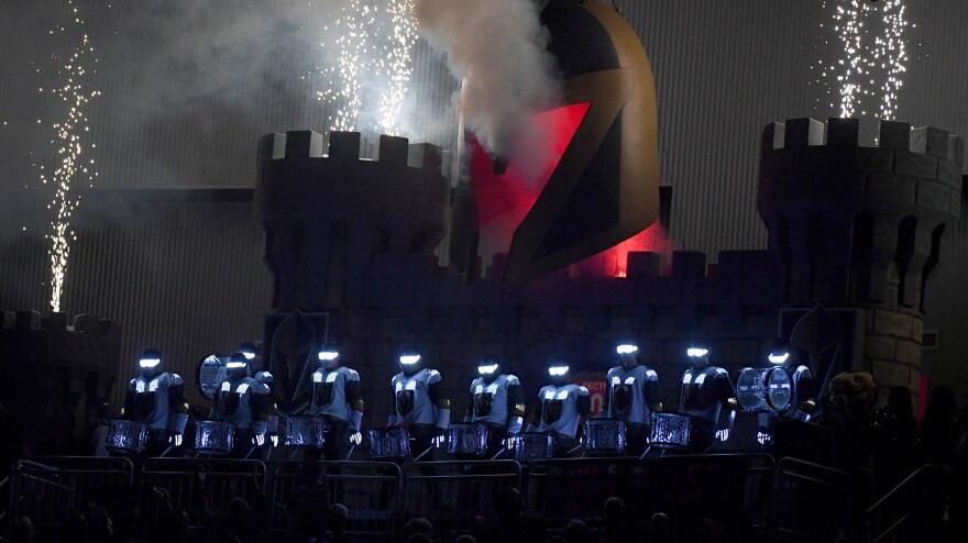 Drummers for the Vegas Golden Knights — known as "drumbots," naturally — perform before Game 4 of the Western Conference Finals, which the Golden Knights won against the Winnipeg Jets earlier this month.