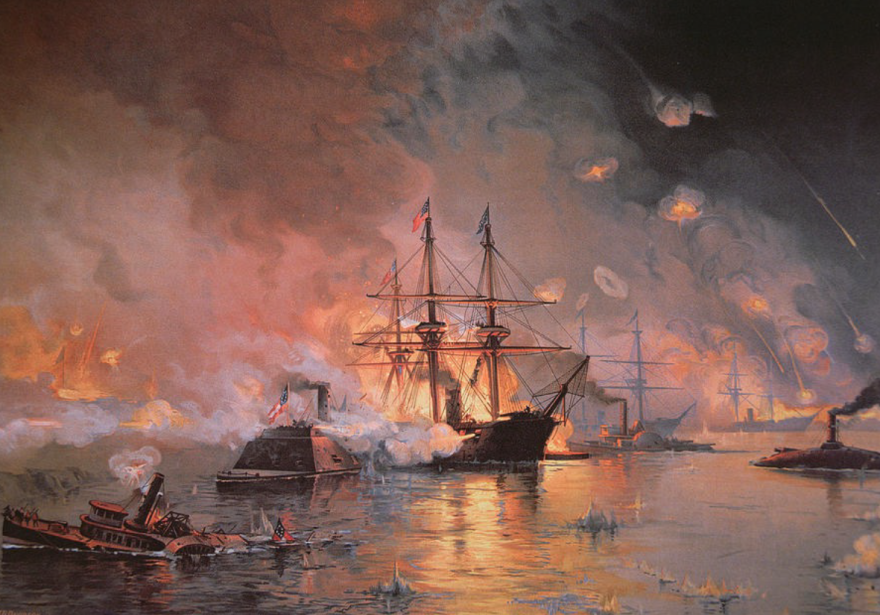 Oil painting of Rear Admiral David G. Farragut’s ship, the USS Hartford, crossing Forts Jackson and St. Philip during the battle of New Orleans in 1862.