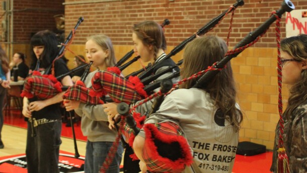 Central High School Kilties bagpipers at a practice on April 10, 2026.