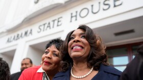 U.S. Rep. Terri Sewell, D-Ala., speaks outside the Alabama state house during a special session of the Alabama Legislature, Tuesday, May 5, 2026, in Montgomery, Ala. (AP Photo/Mike Stewart)