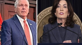 The left side is a photo of Bruce Blakeman in a suit, and the right side is a photo of Kathy Hochul at a lectern. Both photos are pretty closely cropped, so there's not much else going on here to be honest. 