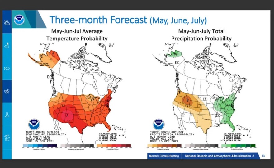 Maps indicate the forecasted average temperatures and precipitation probabilities.