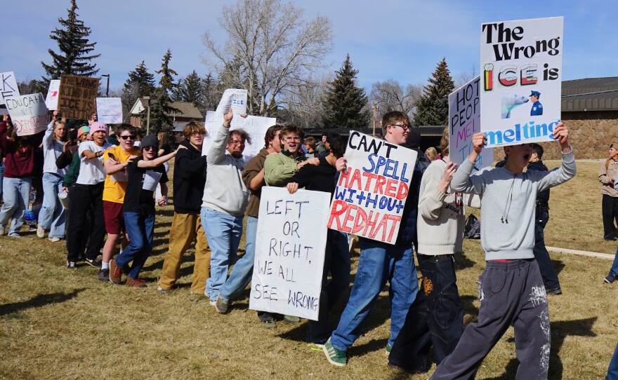 Students from Flagstaff High School and elsewhere held a walkout and protest at Flagstaff City Hall on Jan. 28, 2026 in opposition to the Trump administration's intensifying immigration crackdowns.