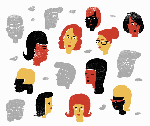 A drawing of men and women's heads.