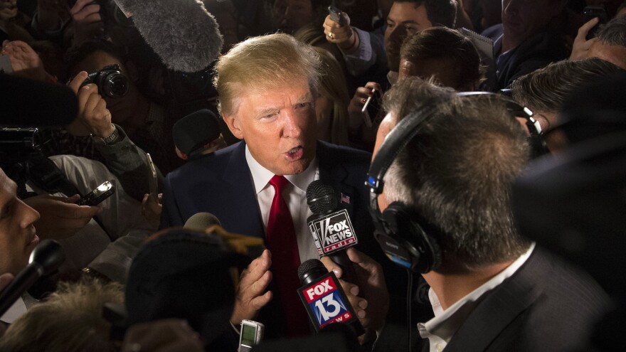 Republican presidential candidate Donald Trump speaks to the media Aug. 6 in the spin room after the first Republican presidential debate, at Quicken Loans Arena in Cleveland.