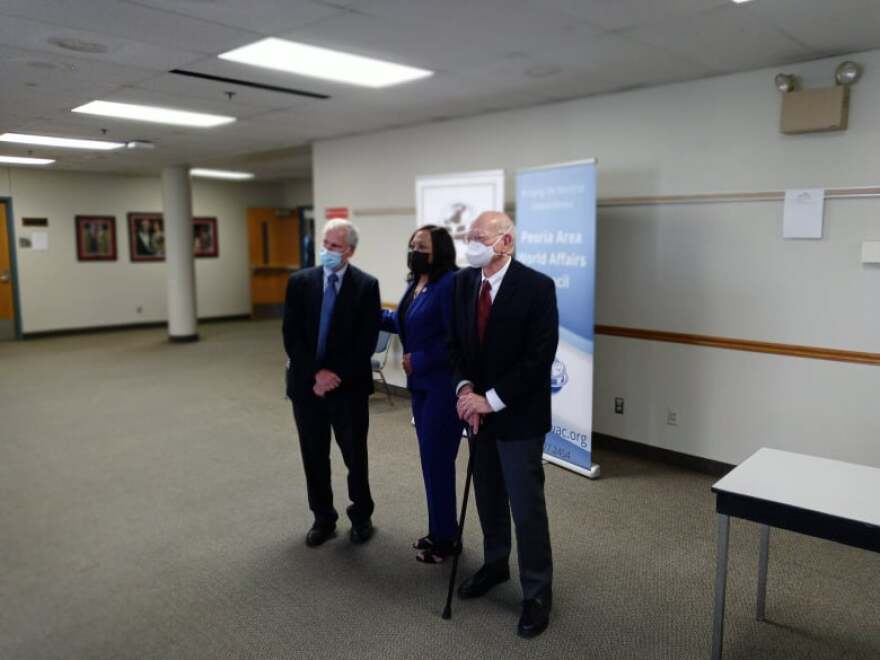 Peoria Mayor Rita Ali, center, met with former U.S Ambassadors Robert Ford, left, and Ronald Neumann, right, before they spoke at the Peoria Area World Affairs 50th Anniversary (+1) Gala on Thursday, Sept. 16, 2021.