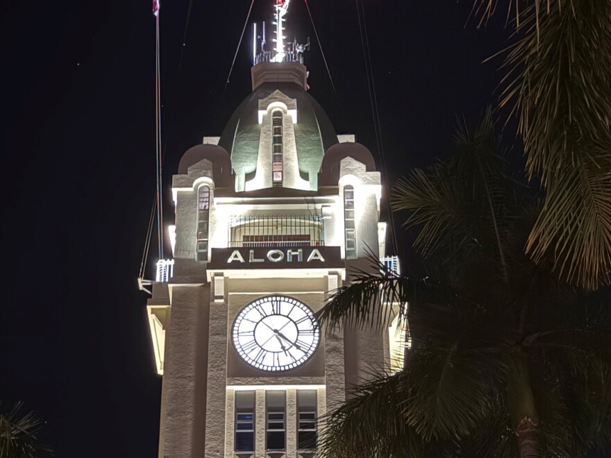 The Aloha Tower, seen before sunrise in the early morning of Oct. 15th, 2026.