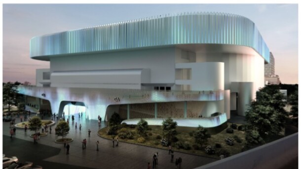A conceptual rendering shows proposed improvements to the Pensacola Bay Center, including exterior renovations and LED lighting. Escambia County commissioners are considering a roughly $74 million first phase to modernize the existing facility.
