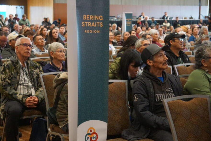 Attendees from the Bering Straits region listen to a speech by U.S. Sen. Dan Sullivan on Oct. 22, 2026, at the Alaska Federation of Natives convention.