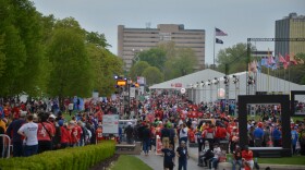 A crowd of fans enter the NFL Draft Experience on April 27, 2023.