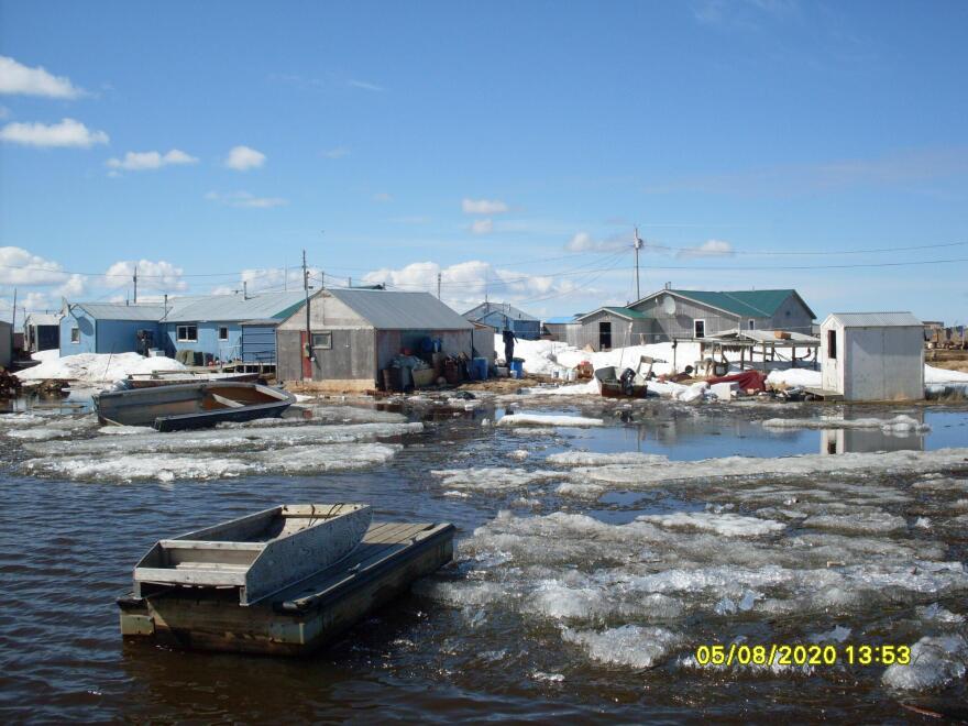 Nunapitchuk declared a lockdown on May 15 after a traveler to the village tested positive for COVID-19. The lockdown comes a week after the community experienced its worst flooding in a decade, pictured here on May 8, 2020.