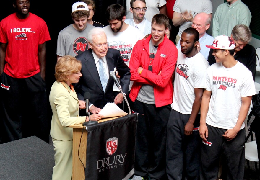 Bob Barker stands before the Drury Panthers Thursday to donate several of his lifetime awards. Credit-Shane Franklin