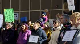 Protesters chant outside the Alaska State Capitol on Wednesday, Feb. 5, 2025.