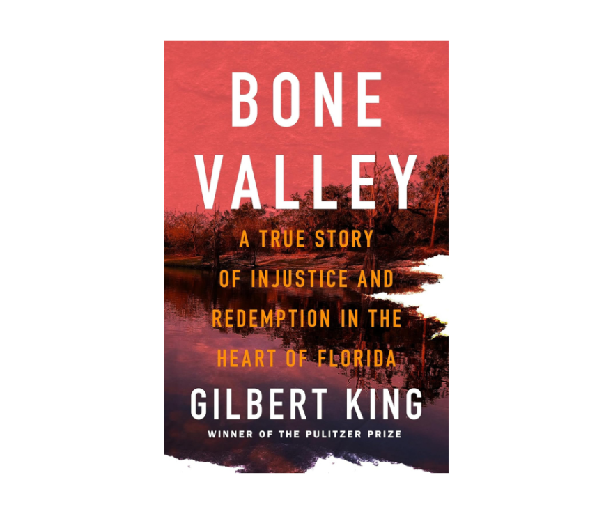 A book cover of "Bone Valley" with a red background with red overlay over a lake