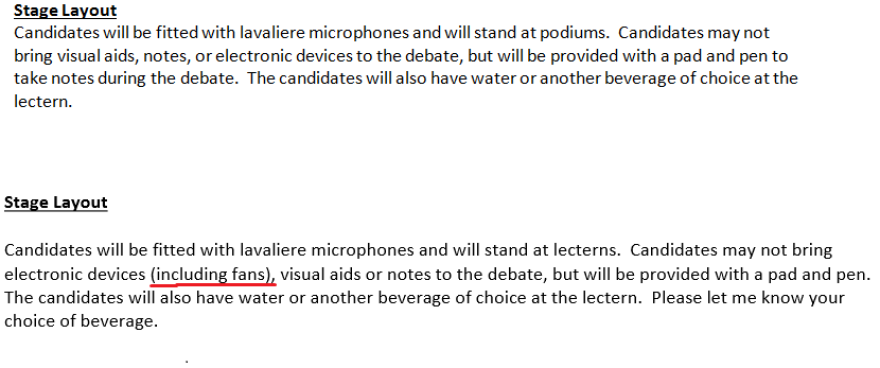 The original July 22 debate rules did not mention fans. The Oct. 6 version prohibited fans.